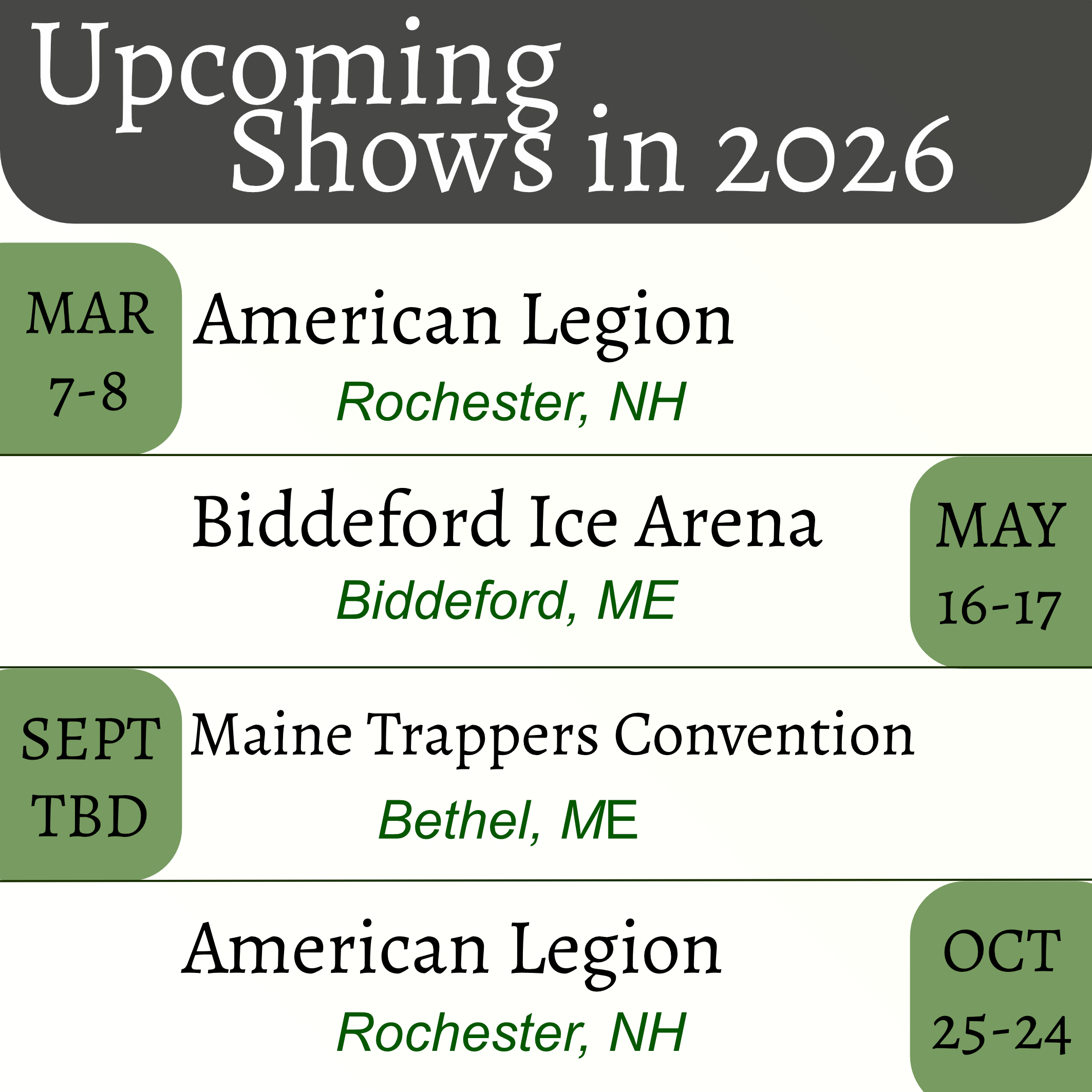 2026 Event Calendar for The Part Monger